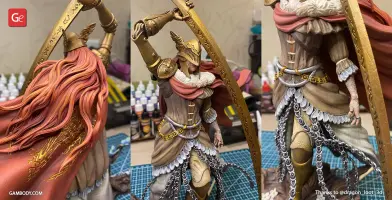 Warrior figure with intricate armor, flowing red hair, ornate sword, and gold and silver accents.