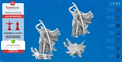 A detailed 3D model of an armored warrior with a large sword and flowing cape, standing on a textured base.