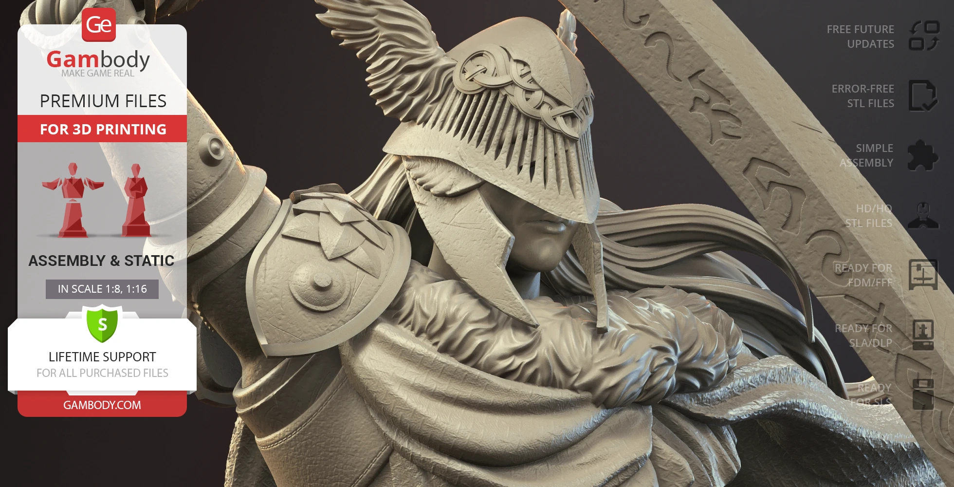 A detailed 3D model of a warrior in ornate armor with a feathered helmet, designed for 3D printing.