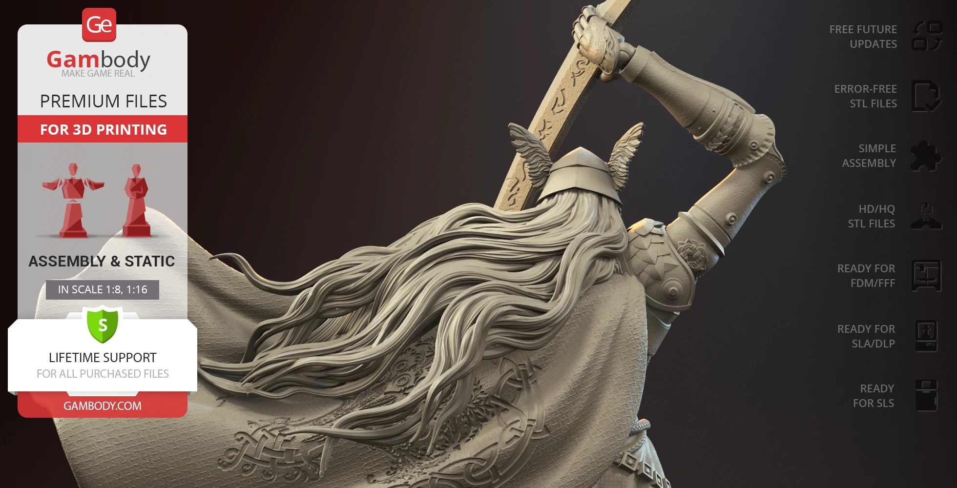 A detailed 3D model of a warrior in armor, holding a sword, with flowing hair and ornate designs.