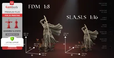 A 3D model of a warrior with a long sword and flowing cape, available in two scales for 3D printing.