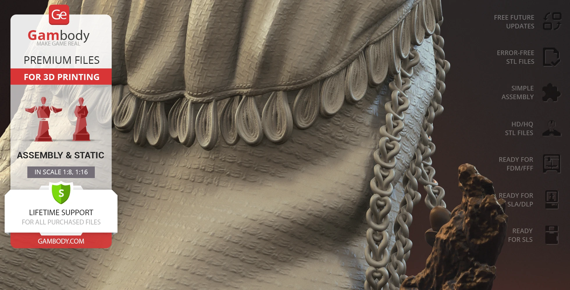 Detailed close-up of a textured cloth with ornate loops and dangling chains, designed for 3D printing.