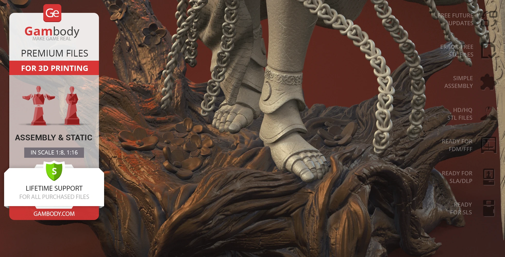 Statue feet and chains on a detailed, twisted tree base with flowers; promo for 3D printing files.