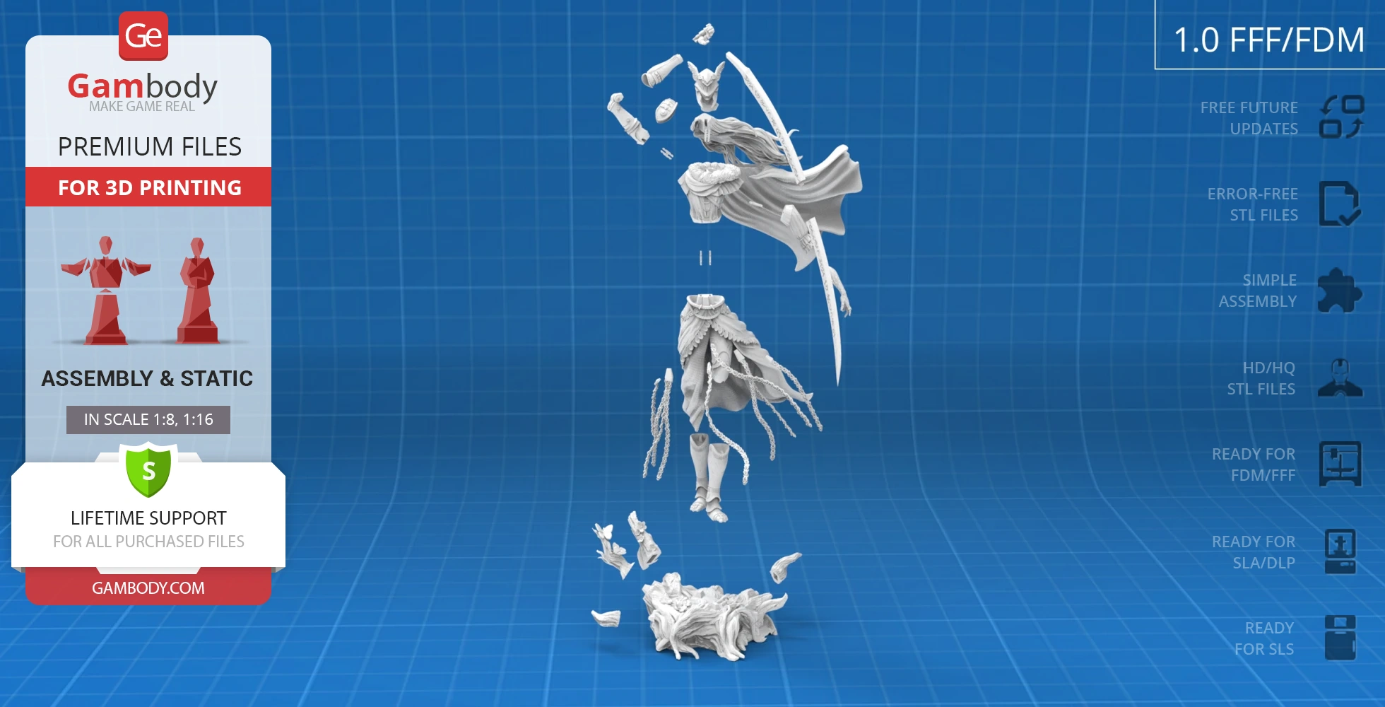 A disassembled 3D print model of an armored character with flowing hair and a sword.