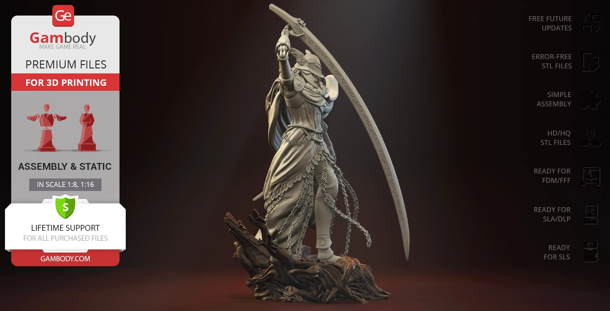 Intricate 3D model of a warrior in armor with a raised sword, standing on a detailed base.