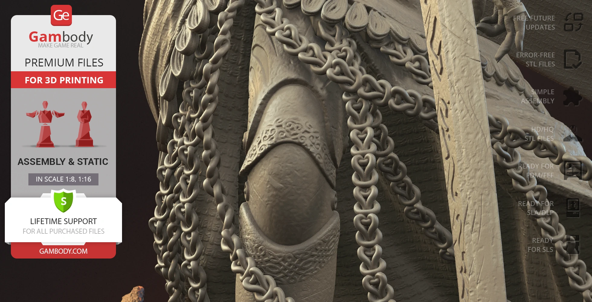 Close-up of intricately detailed armored figure with decorative chains and etched patterns.