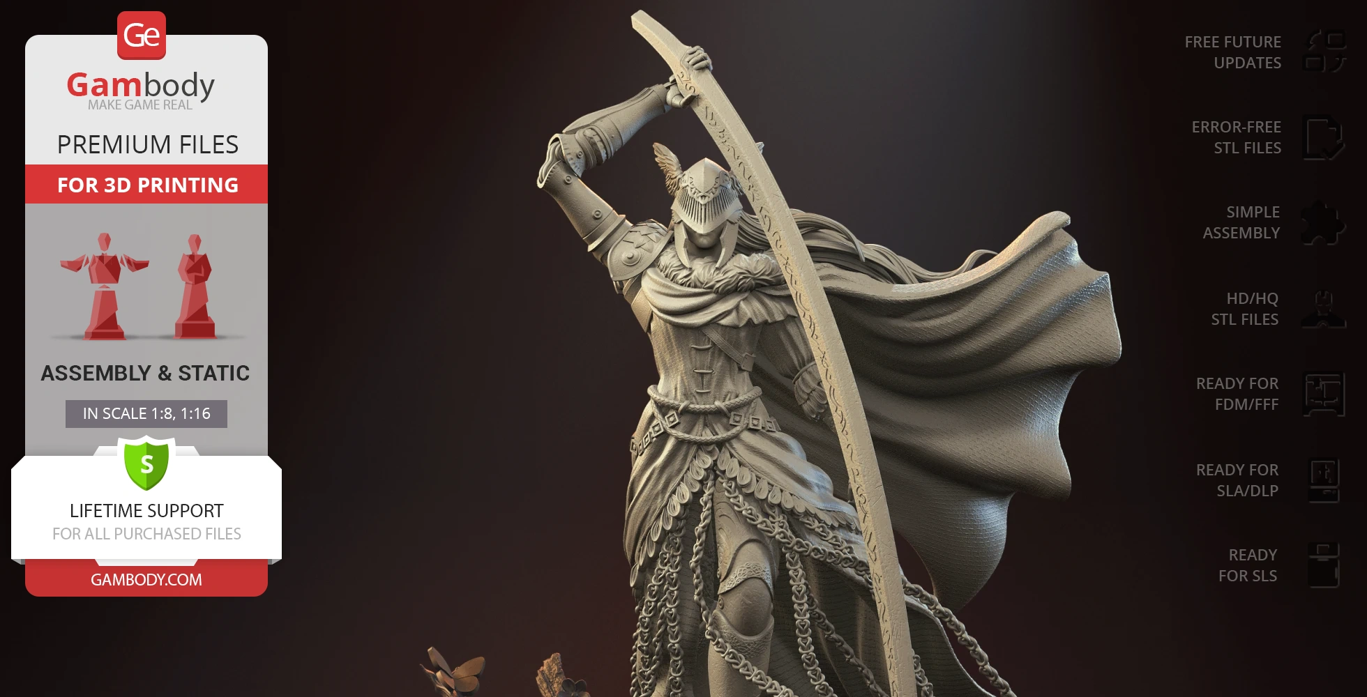 A dynamic 3D model of a warrior with a large sword, detailed armor, and flowing cape, ideal for 3D printing.