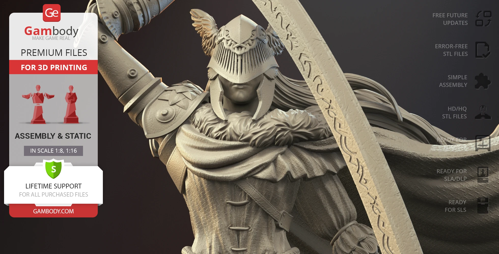 Knight-like figure with ornate armor and feathered helmet, holding a large engraved sword.