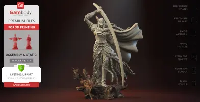 Armored warrior with long sword and flowing cape, standing on twisted roots, ready for 3D printing.