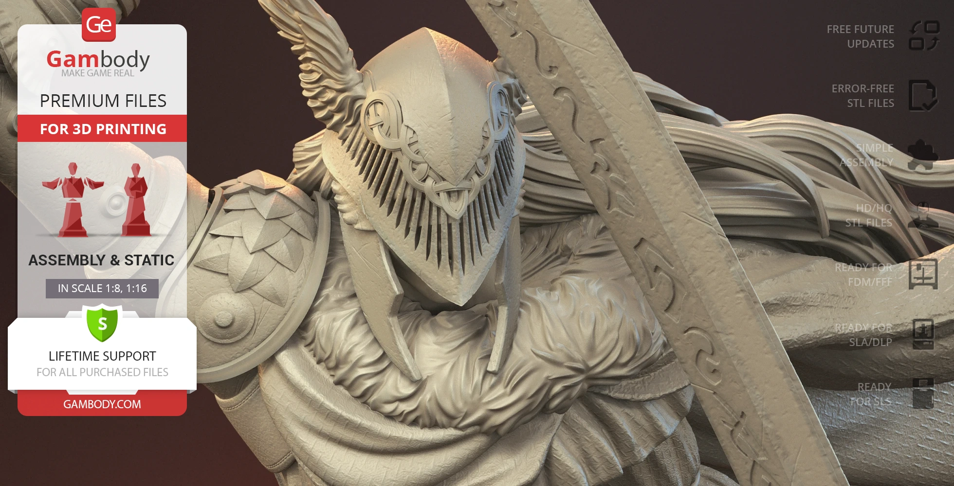Ornate armored warrior with winged helmet and large sword, detailed design for 3D printing.