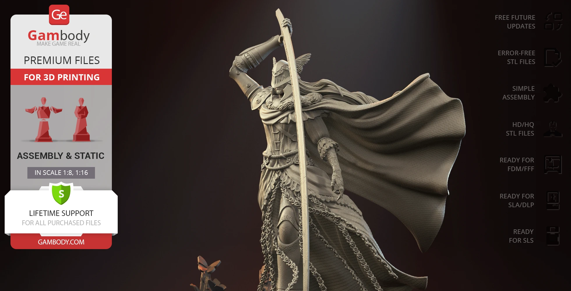 A detailed warrior figure with a large sword and flowing cape, designed for 3D printing.