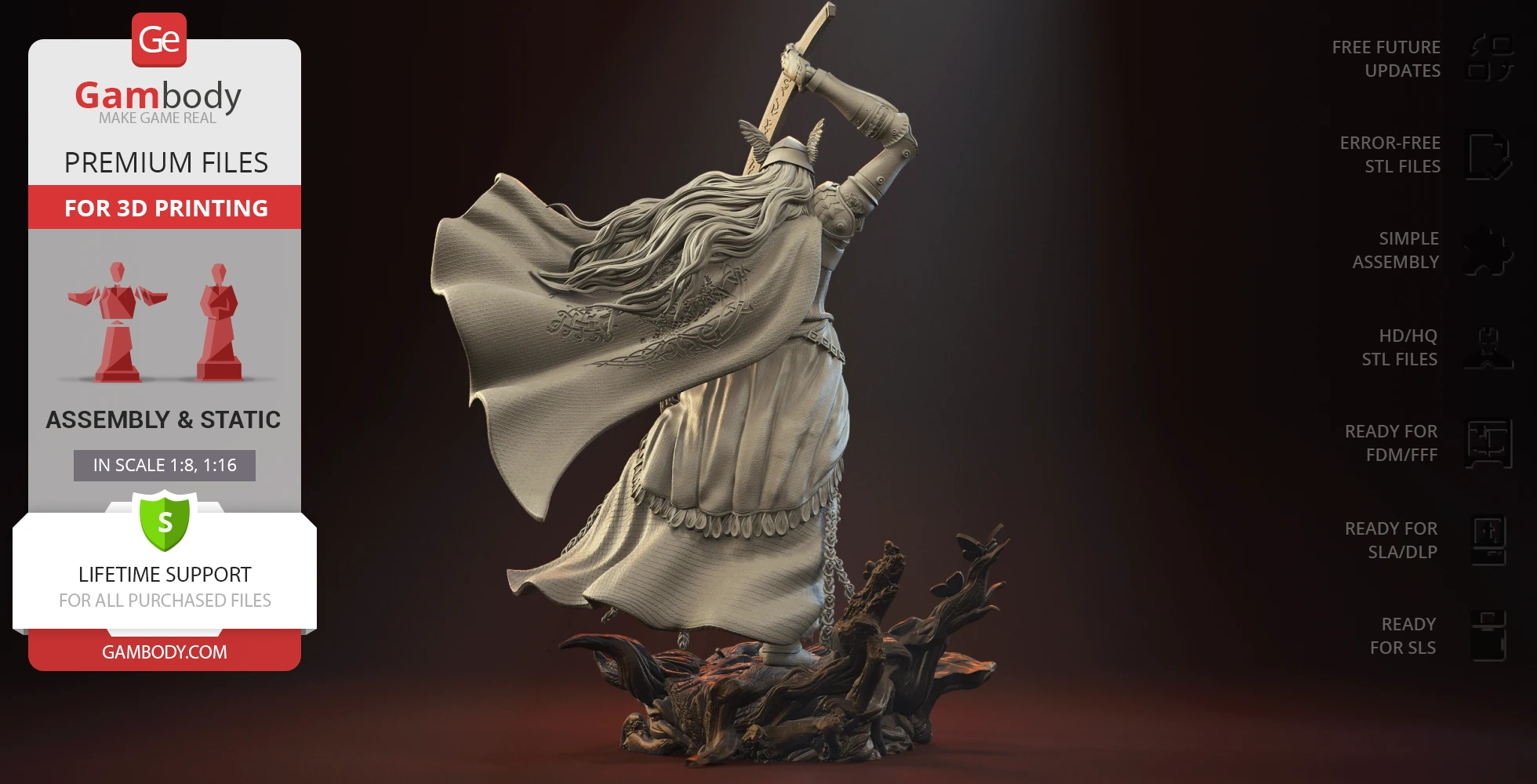 A detailed 3D model of a warrior with a sword, flowing cape, and intricate base, ready for 3D printing.