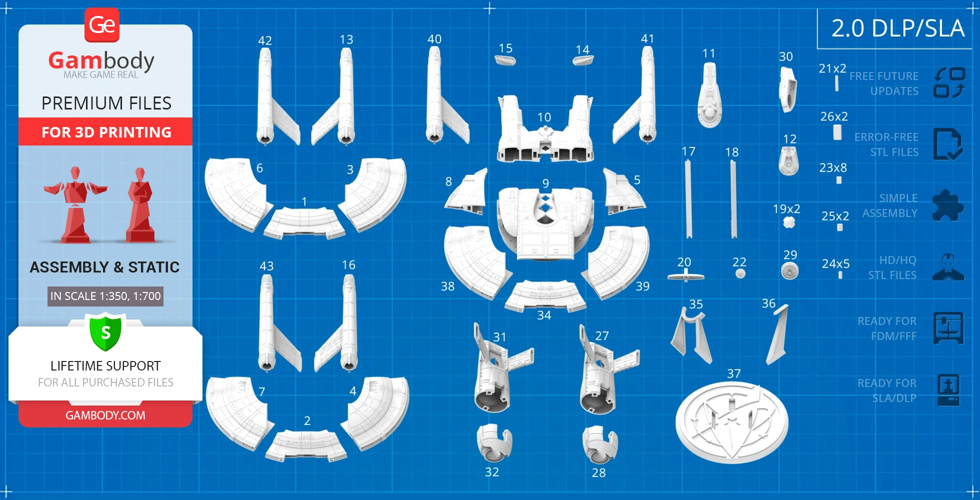 Blueprint-style layout of 3D printable parts for the Enterprise NX-01 Refit spaceship model.
