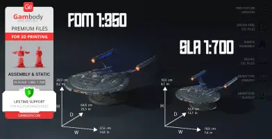 3D model of Star Trek's Enterprise NX-01 Refit, shown in FDM 1:350 and SLA 1:700 scales for printing.