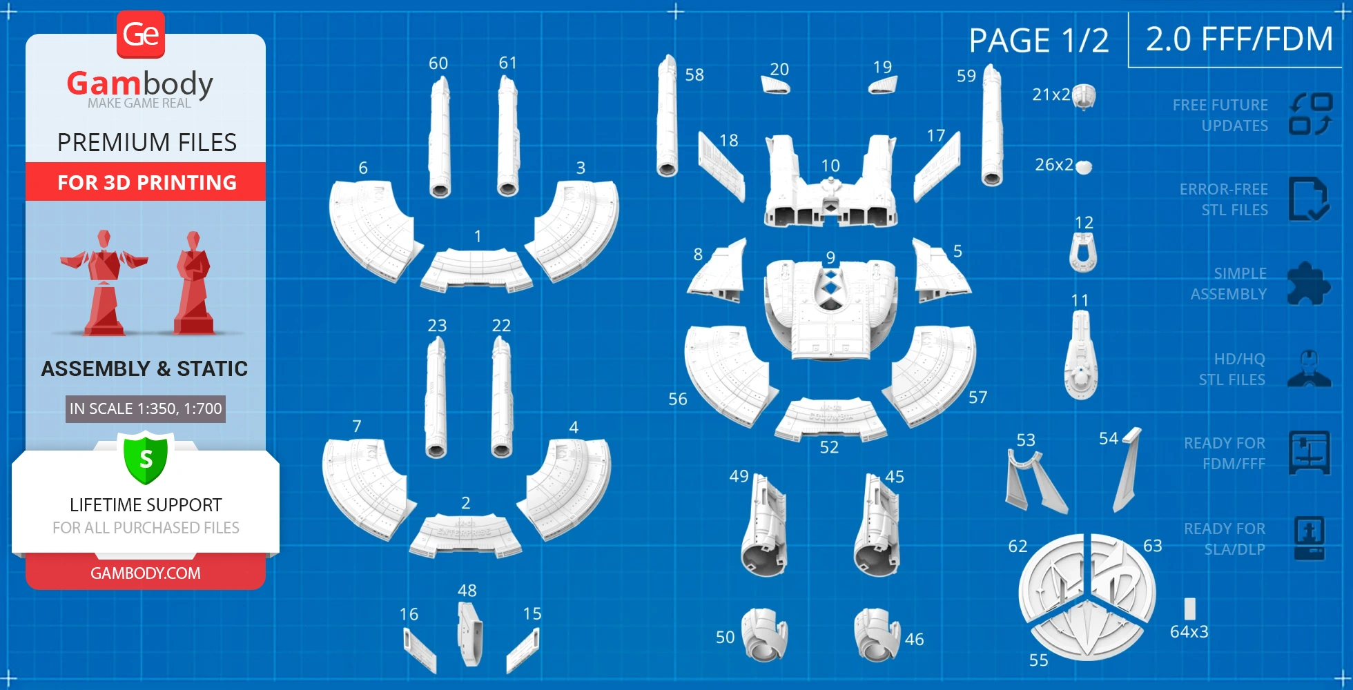 Blueprint layout of Enterprise NX-01 Refit 3D model parts for printing, labeled with numbers.