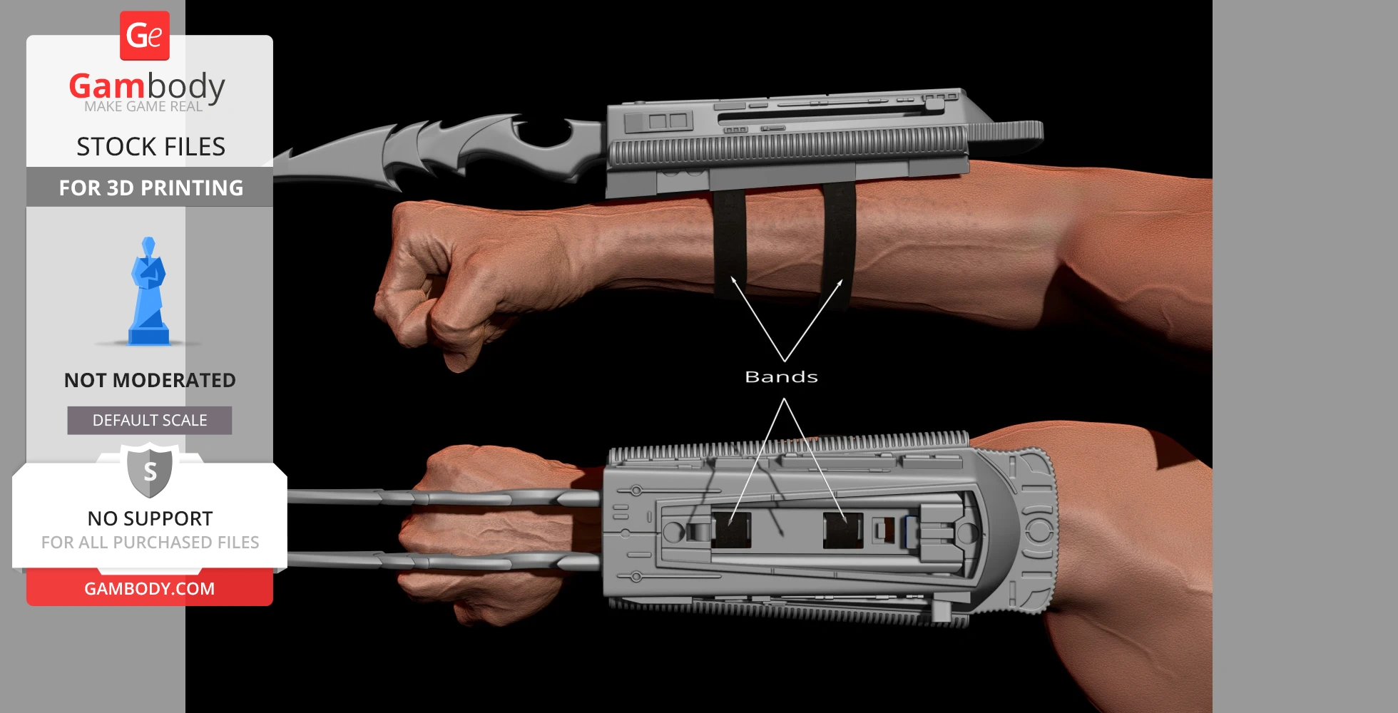 Detailed 3D model of Predator's right forearm gauntlet with removable blades, for 3D printing.