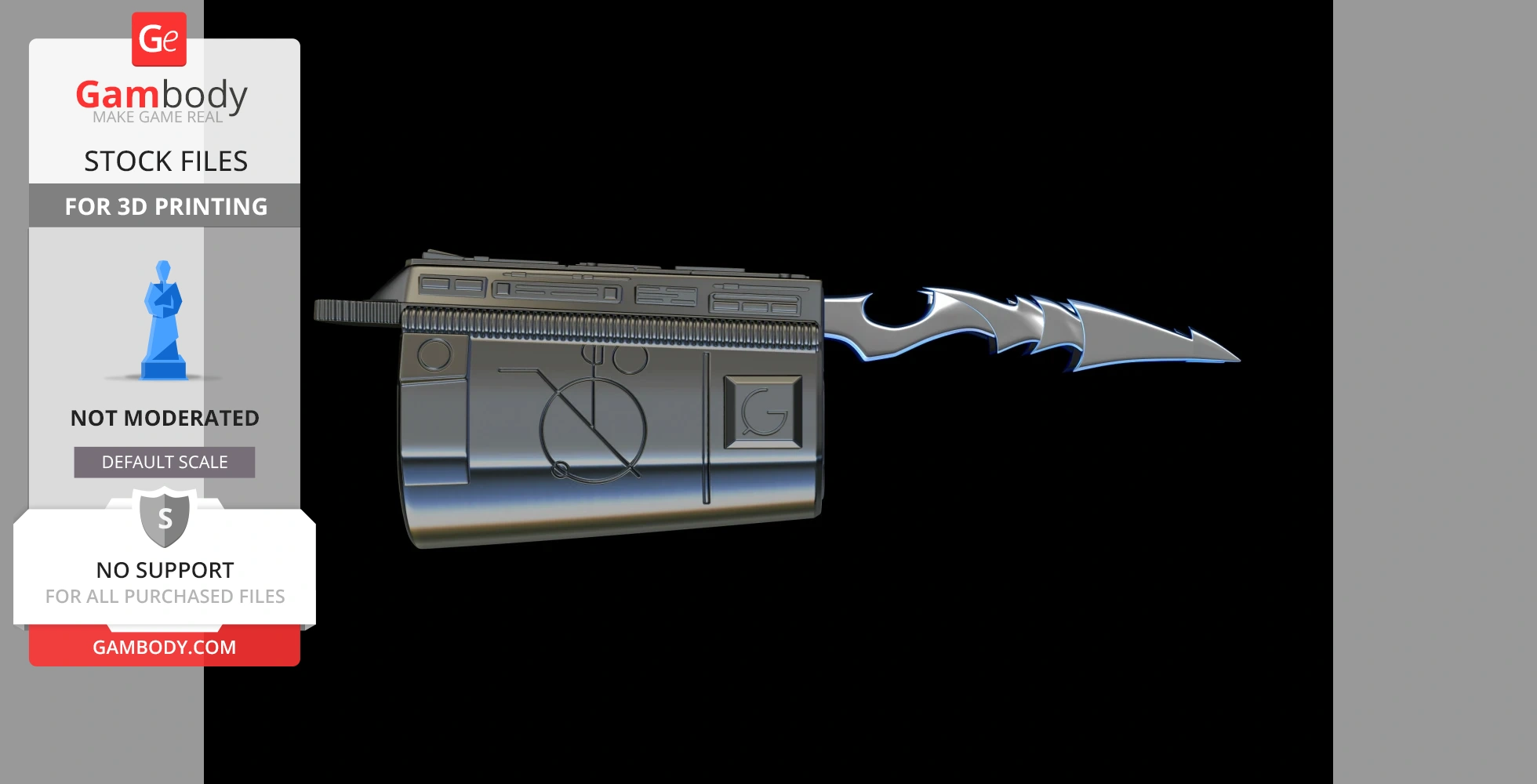 Futuristic forearm gauntlet with removable, serrated blade for 3D printing, shown in a lateral view.