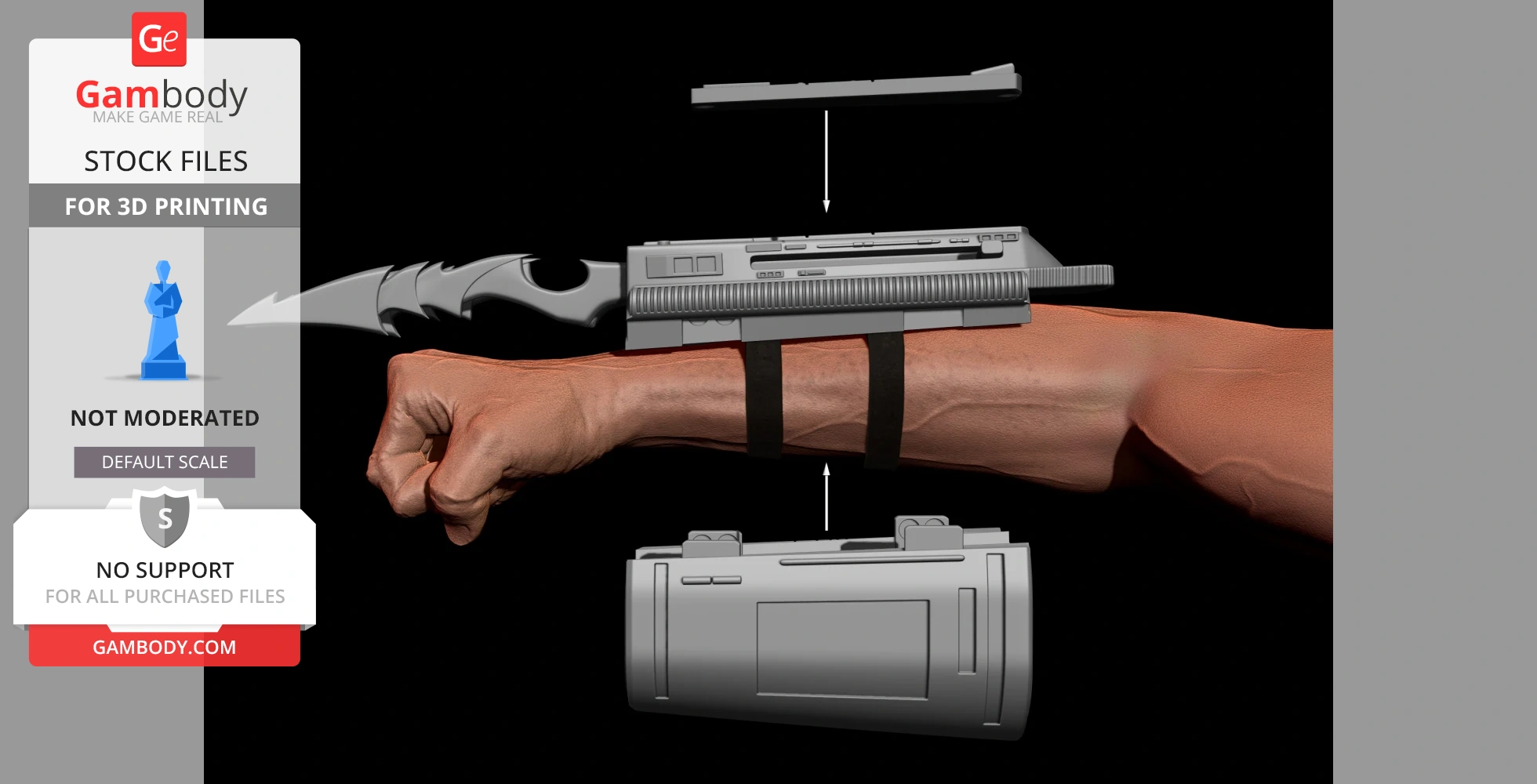 Futuristic gauntlet with detachable blades on arm, 3D print model shown with assembly guide.