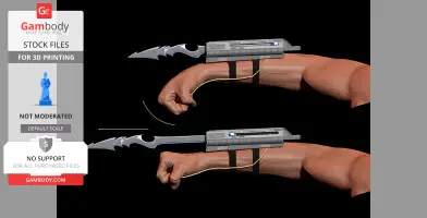 3D model of a right forearm gauntlet with retractable blades, designed for 3D printing.