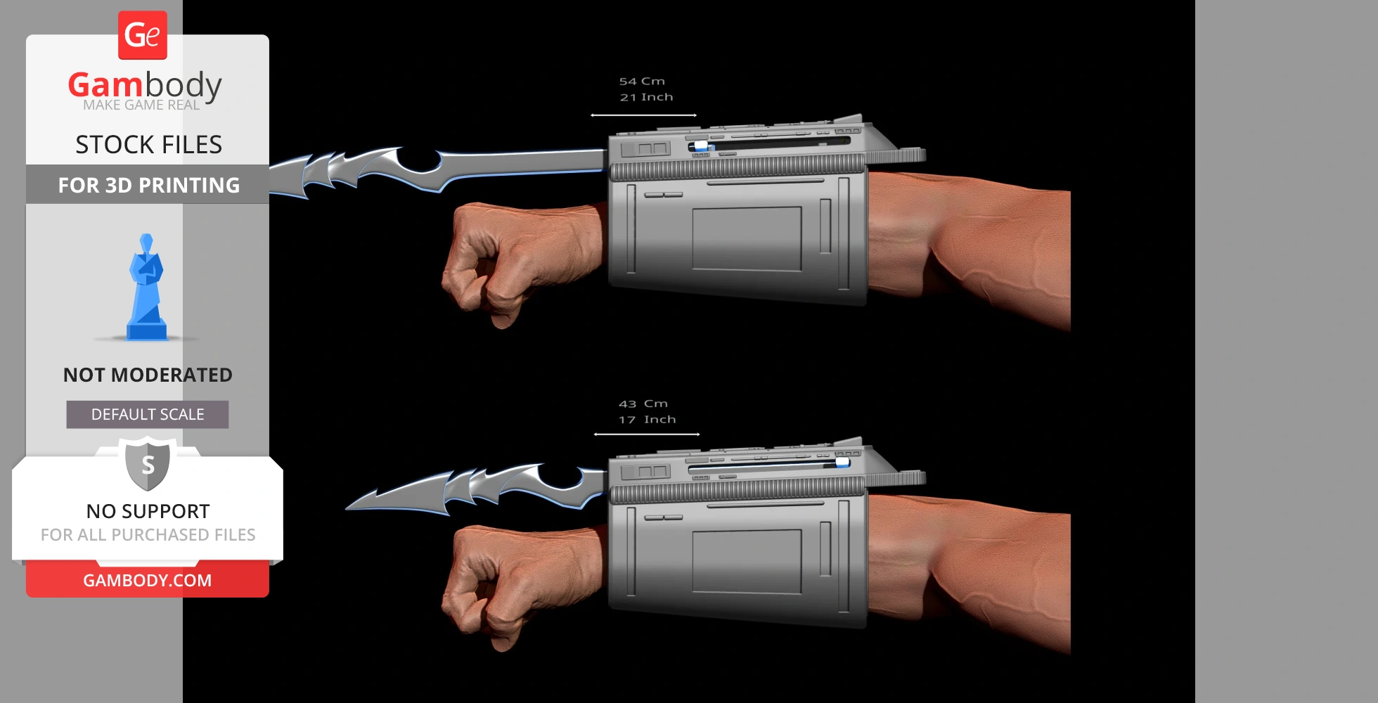 A detailed 3D model of a Predator forearm gauntlet with extendable blades for 3D printing.
