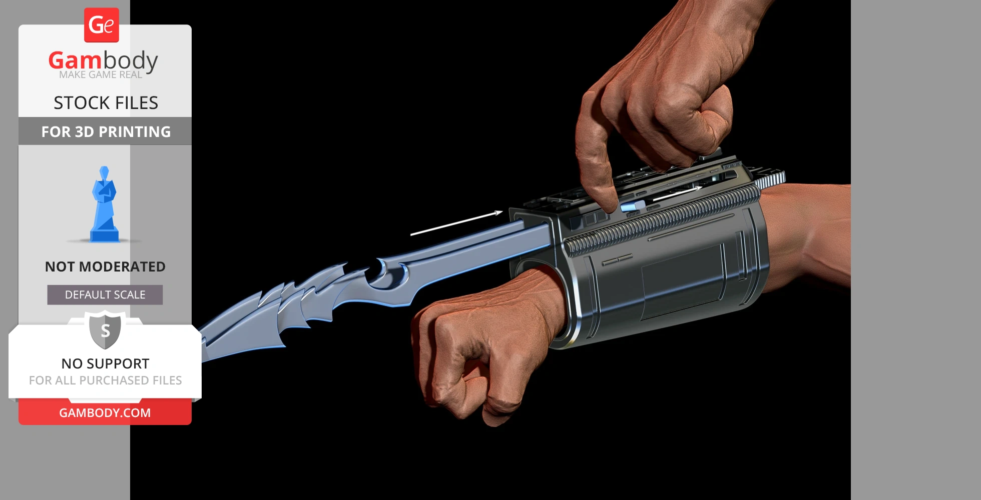 3D model of a Predator gauntlet with extendable blades on a forearm, designed for printing.