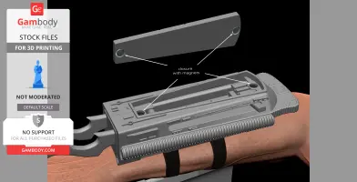 A 3D model of a Predator right forearm gauntlet with removable blades and magnetic closure.