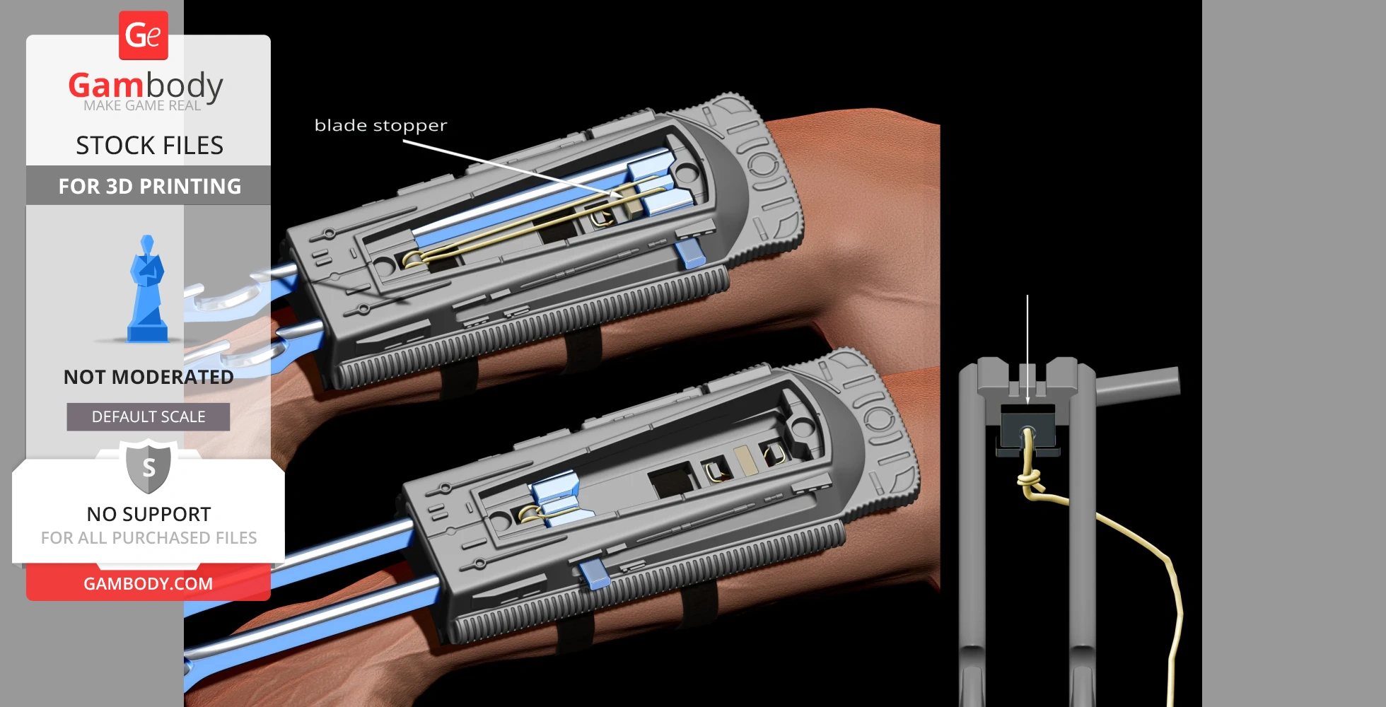 A detailed 3D model of a right forearm gauntlet with removable blades for 3D printing, showing internal mechanisms.