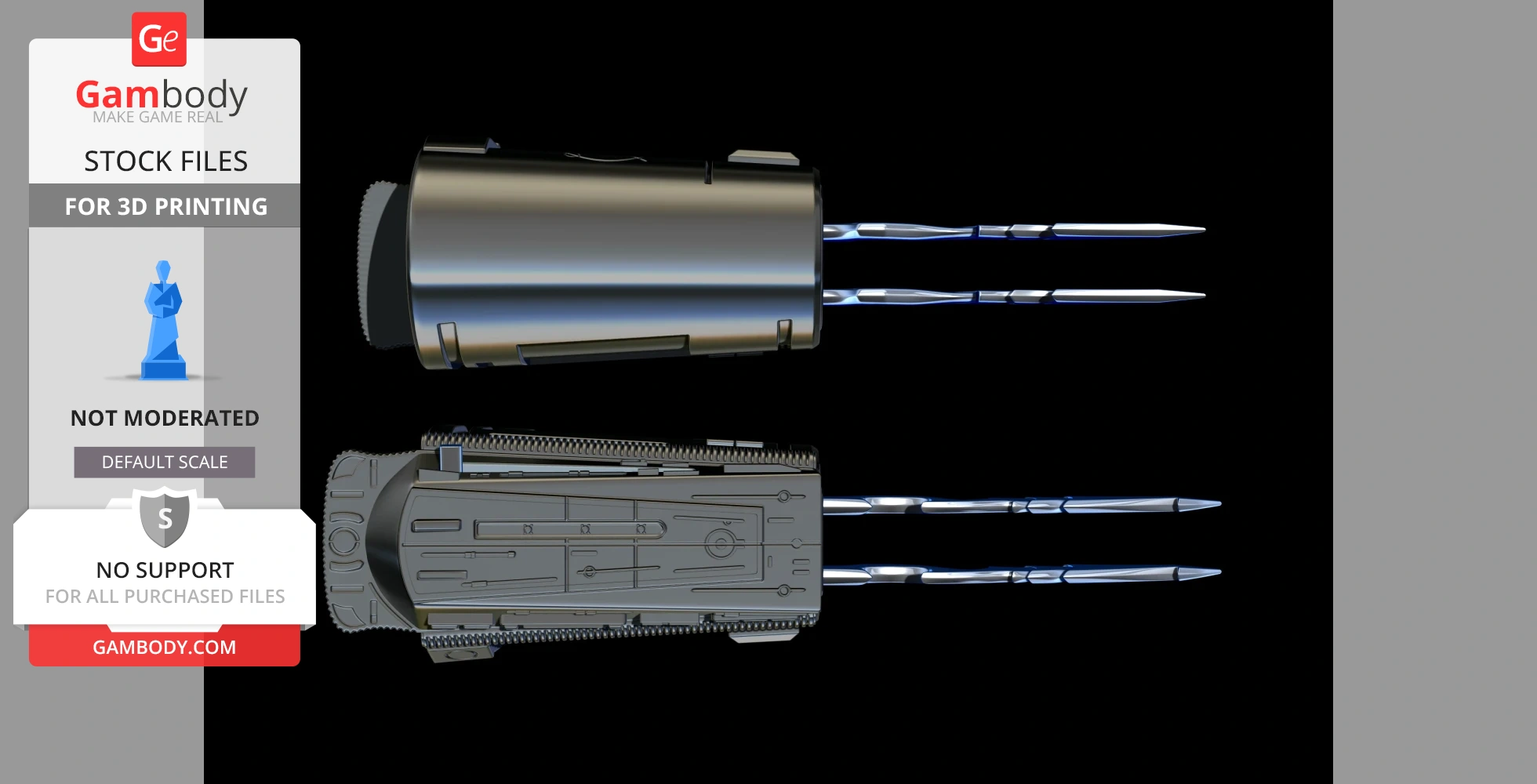 A detailed Predator gauntlet model with removable blades for 3D printing.