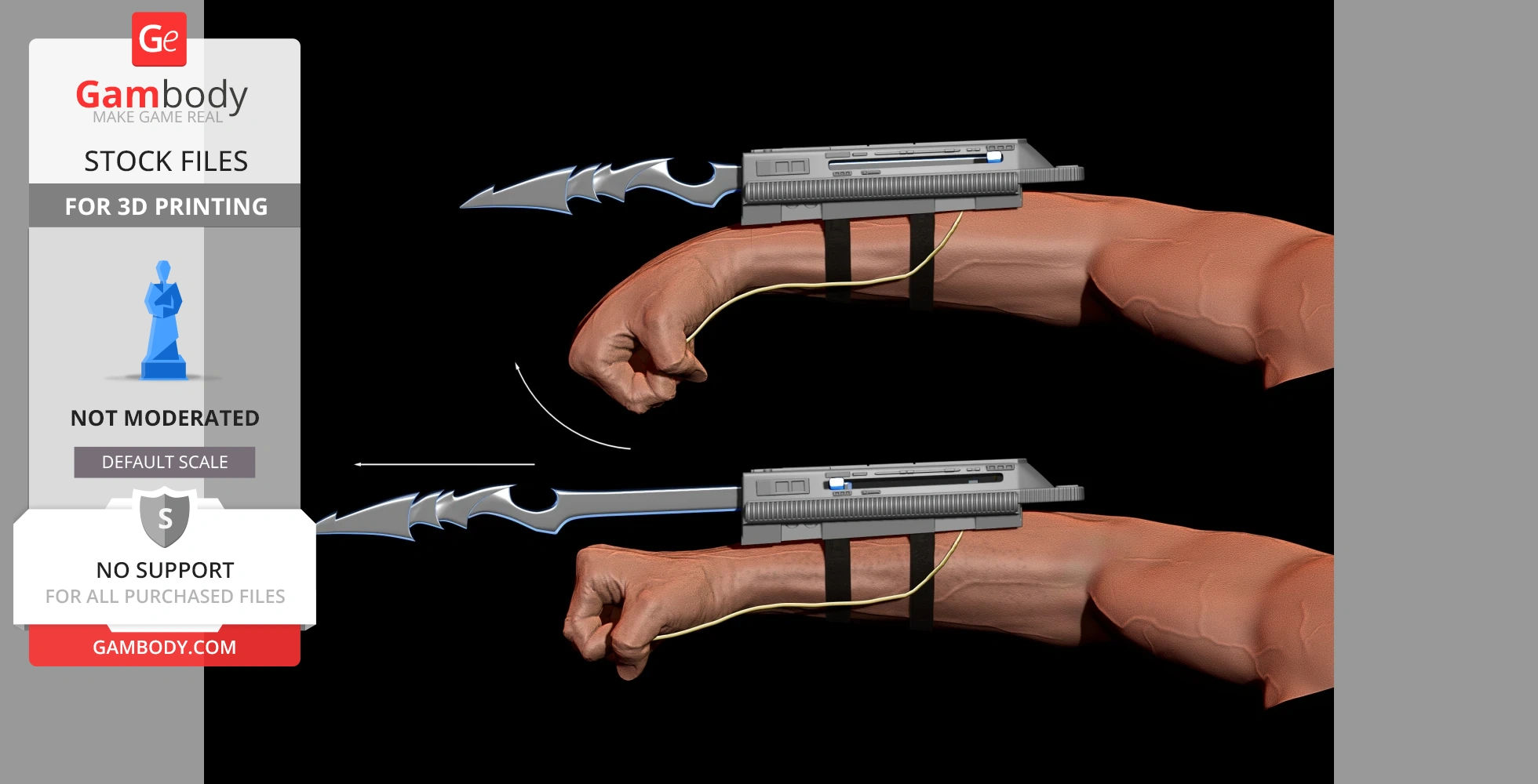 3D model of a right forearm gauntlet with retractable blades, designed for 3D printing.