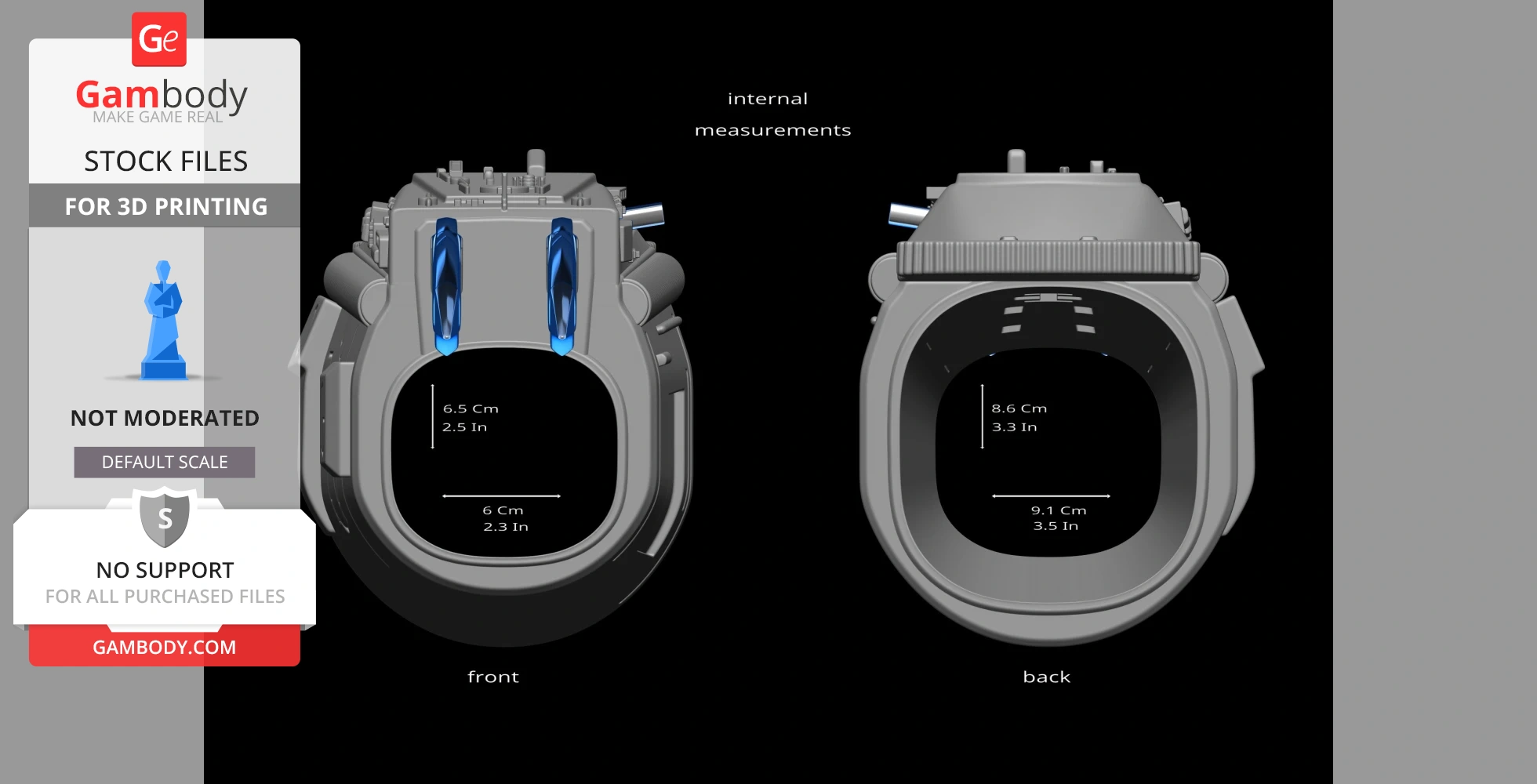 Two views of a Predator gauntlet model with internal measurements for 3D printing.