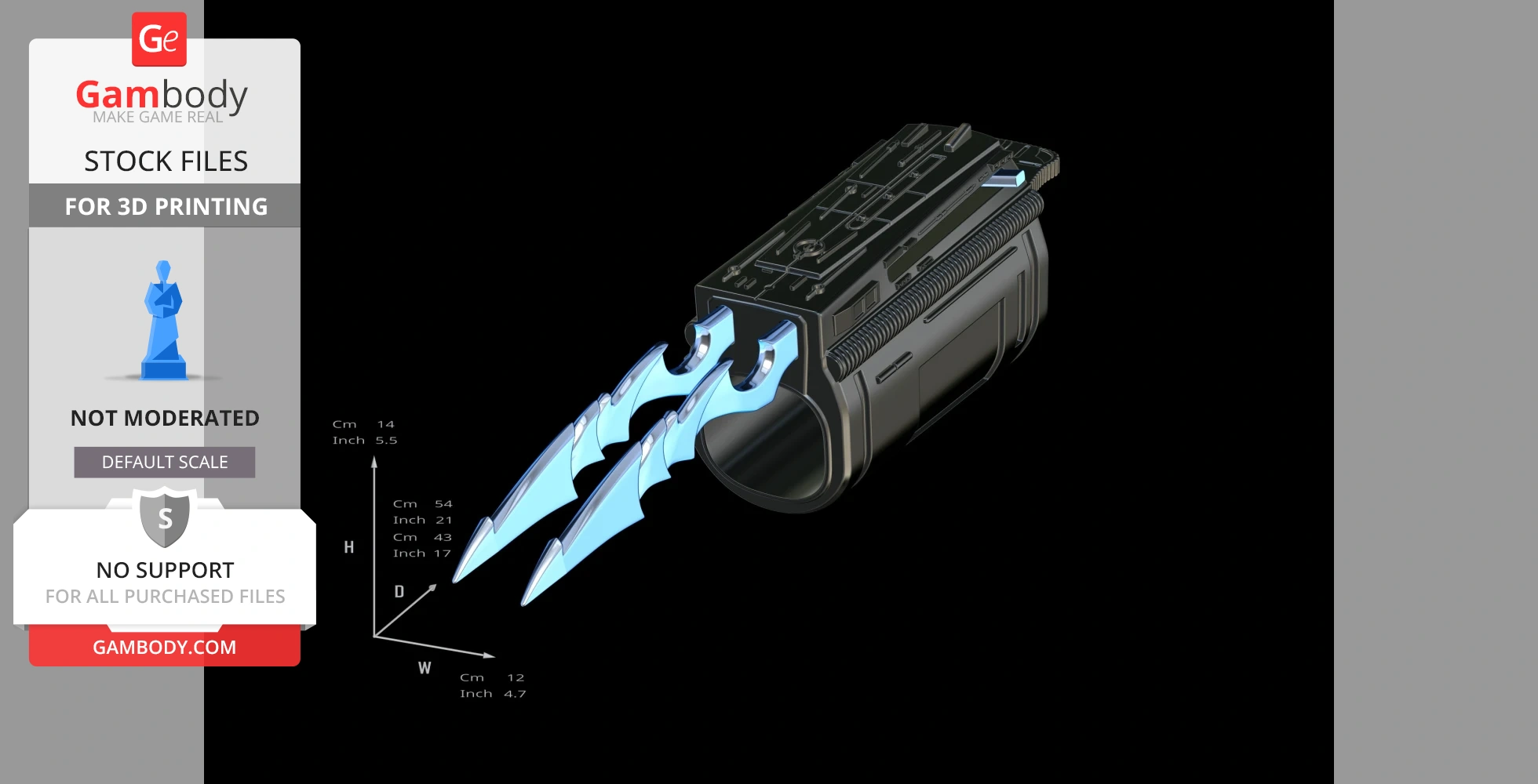 Futuristic forearm gauntlet with intricate details and twin removable blades, designed for 3D printing.