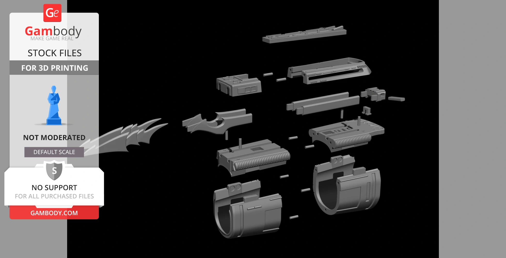 Exploded view of a Predator forearm gauntlet model with removable blades for 3D printing.