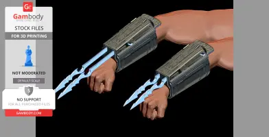 Dual-bladed sci-fi gauntlet with intricate details, shown on forearms for 3D printing.