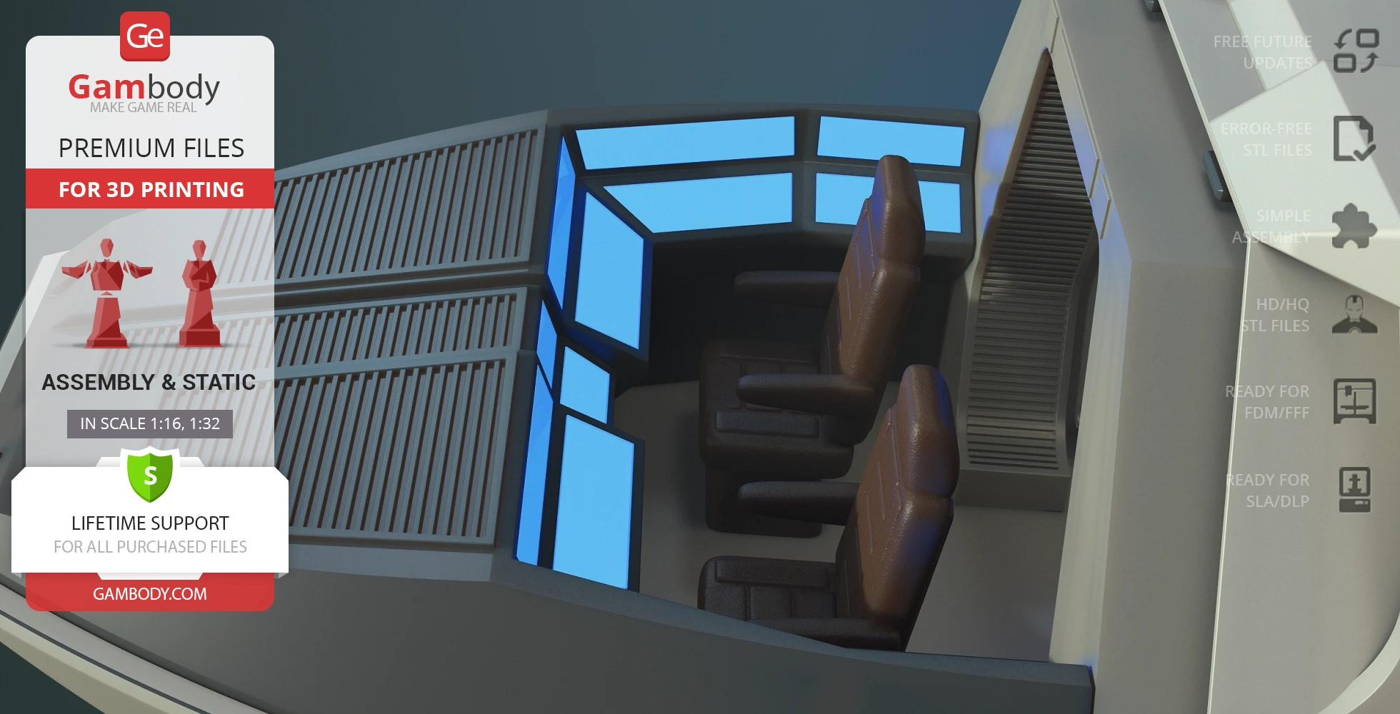 Interior view of a Type 6 Shuttlecraft model from Star Trek, featuring brown seats and glowing panels.