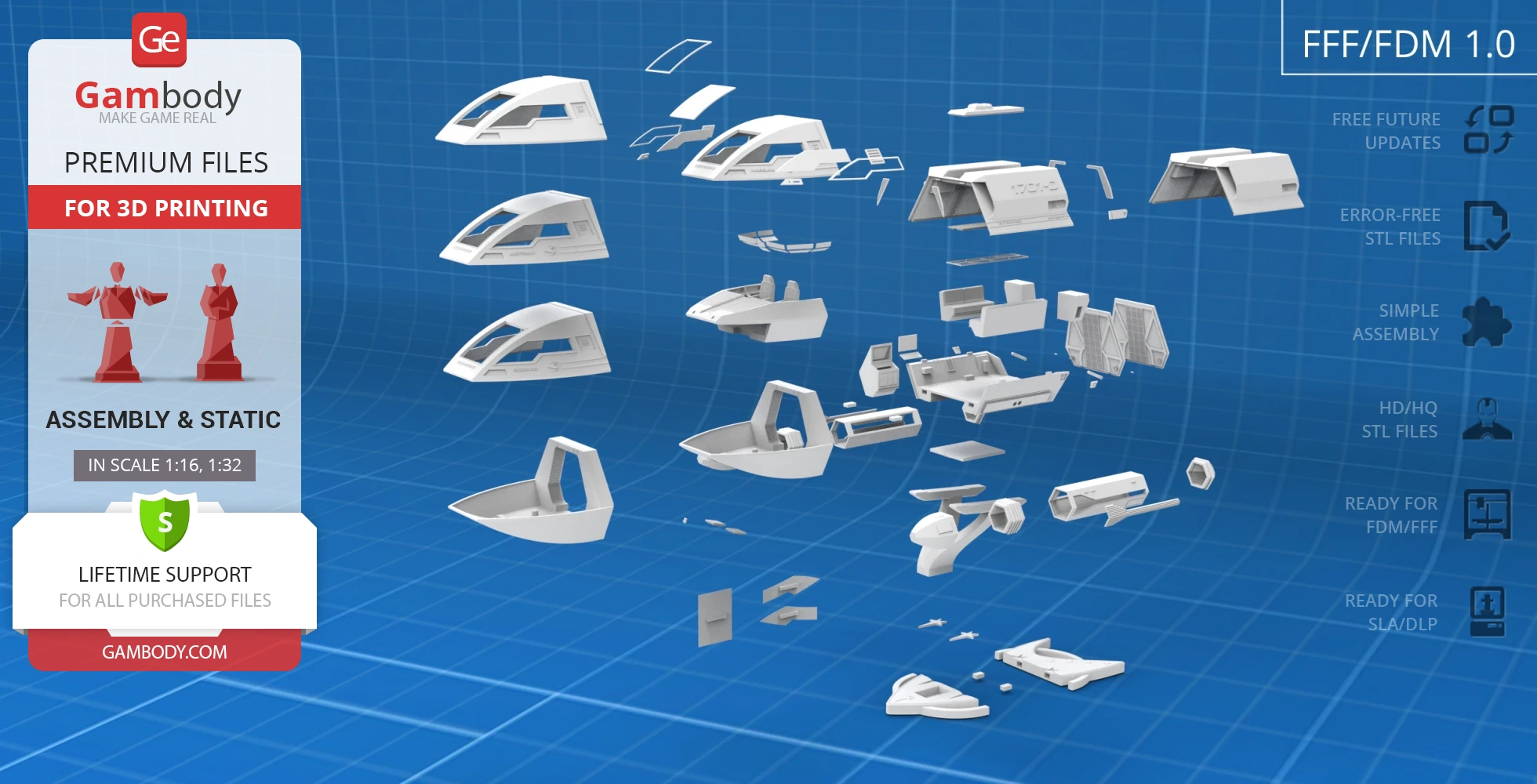 Exploded view of Enterprise D Type 6 Shuttlecraft 3D model parts for printing on a blue grid background.