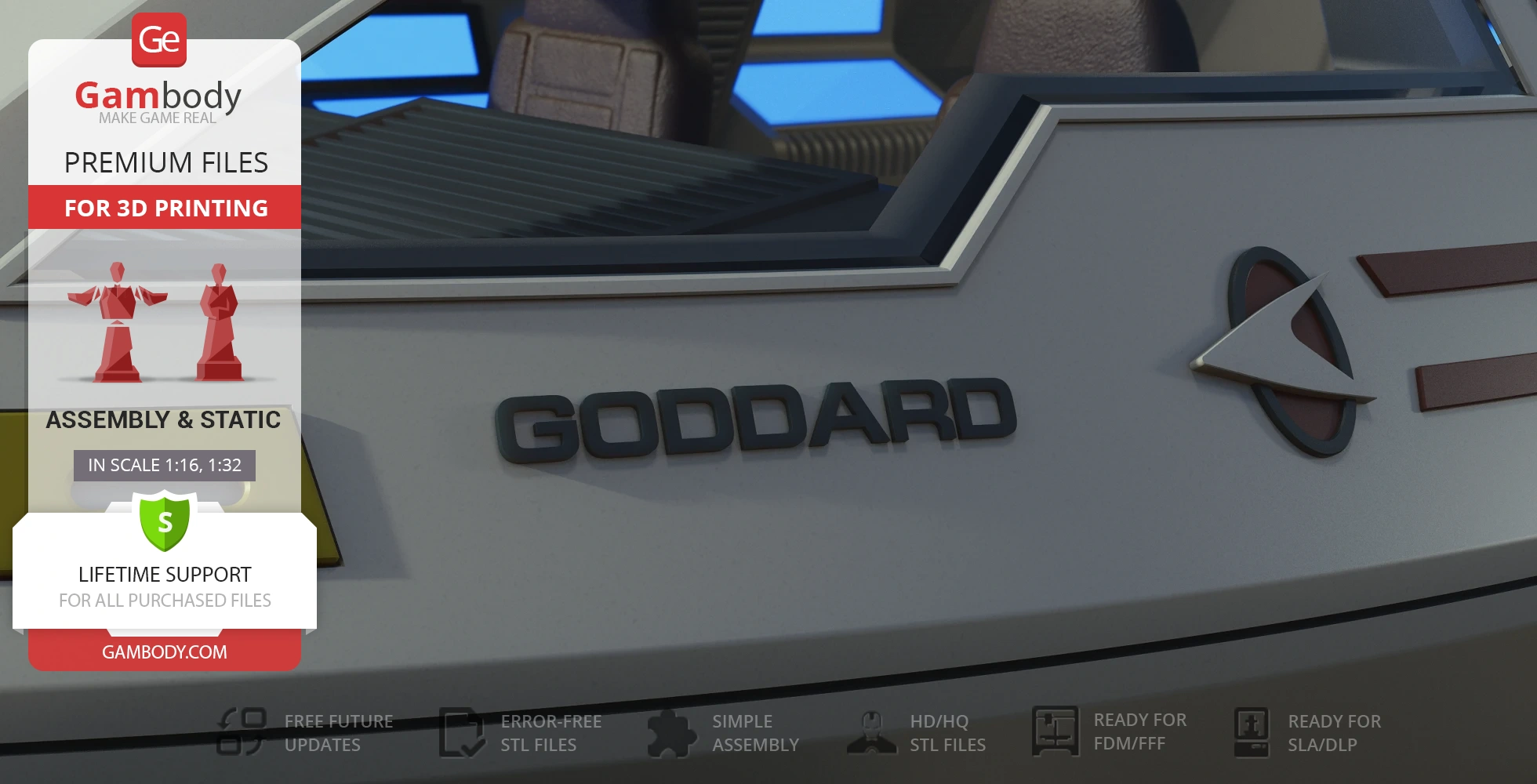 Close-up of the Enterprise D Shuttlecraft Type 6 model, featuring the 'Goddard' label and design details.