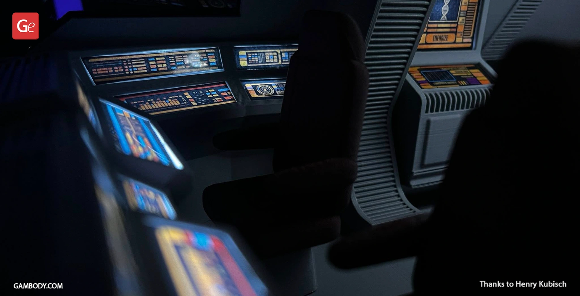 Futuristic spacecraft interior with illuminated control panels and dark seating, reminiscent of Star Trek design.