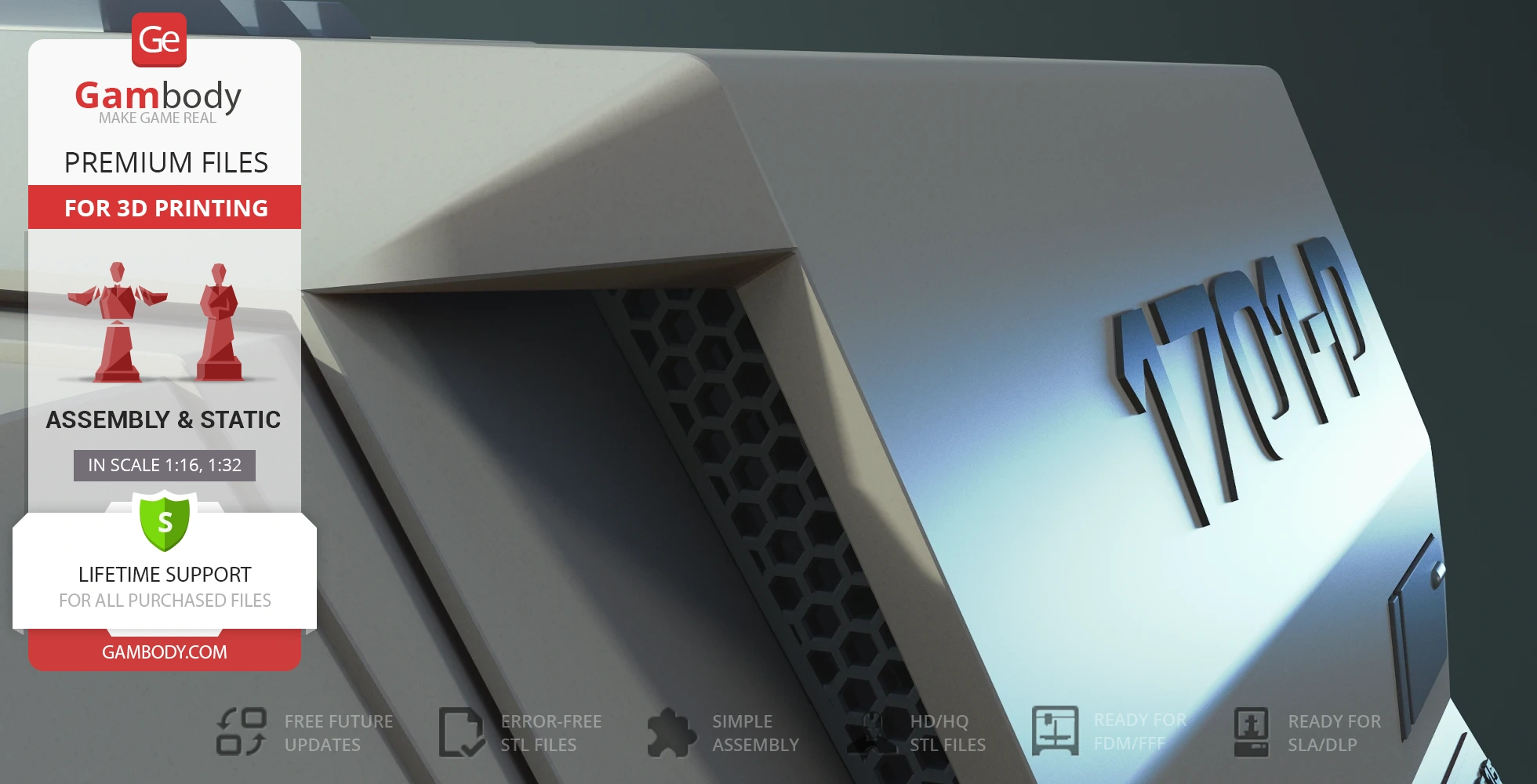 Futuristic shuttlecraft model with 1701-D marking, featuring hexagonal detail, for 3D printing.