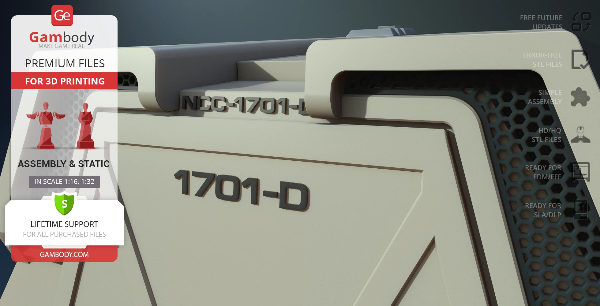 Close-up of a 3D printed Star Trek Enterprise D Shuttlecraft with '1701-D' marked prominently.