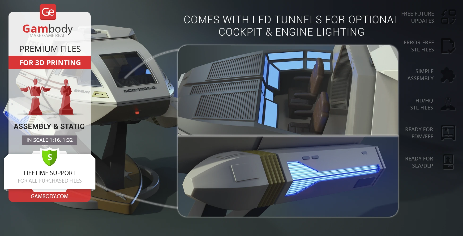Enterprise D Type 6 Shuttlecraft model features cockpit, LED lighting option, and interior seating details.