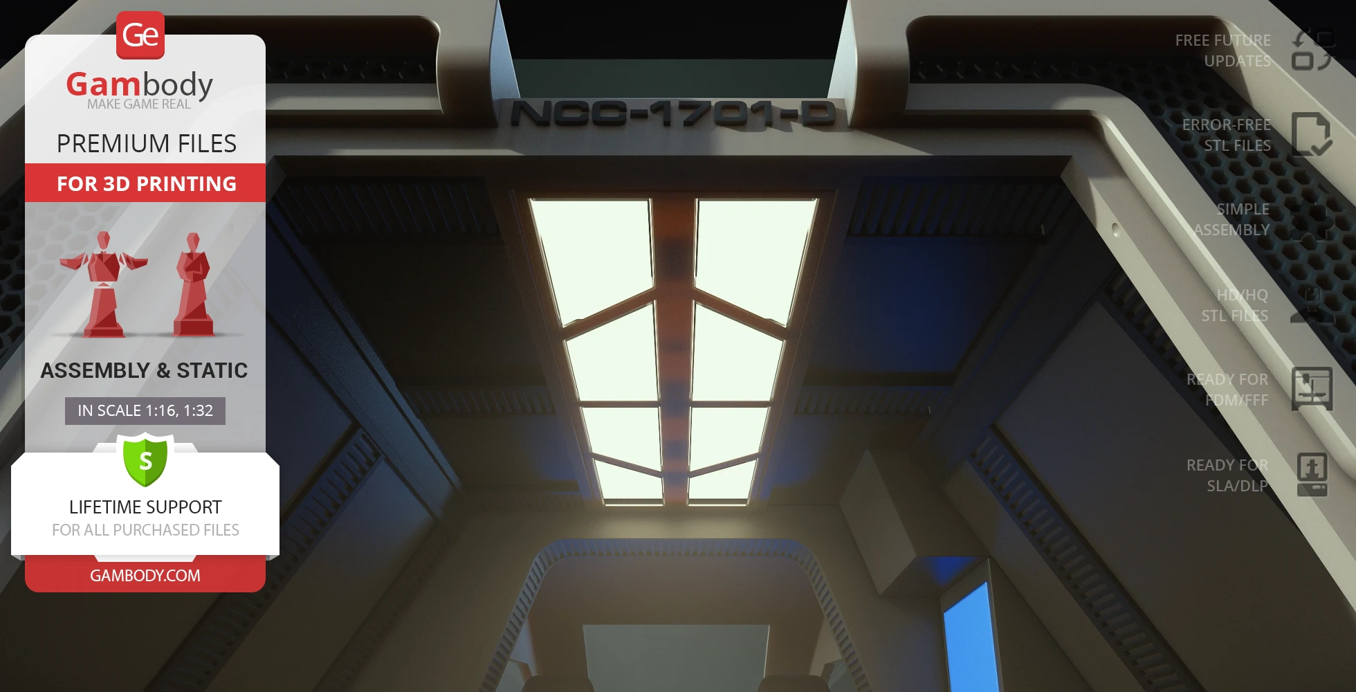 Interior view of a Star Trek shuttlecraft model with a glowing ceiling panel and rounded contours.