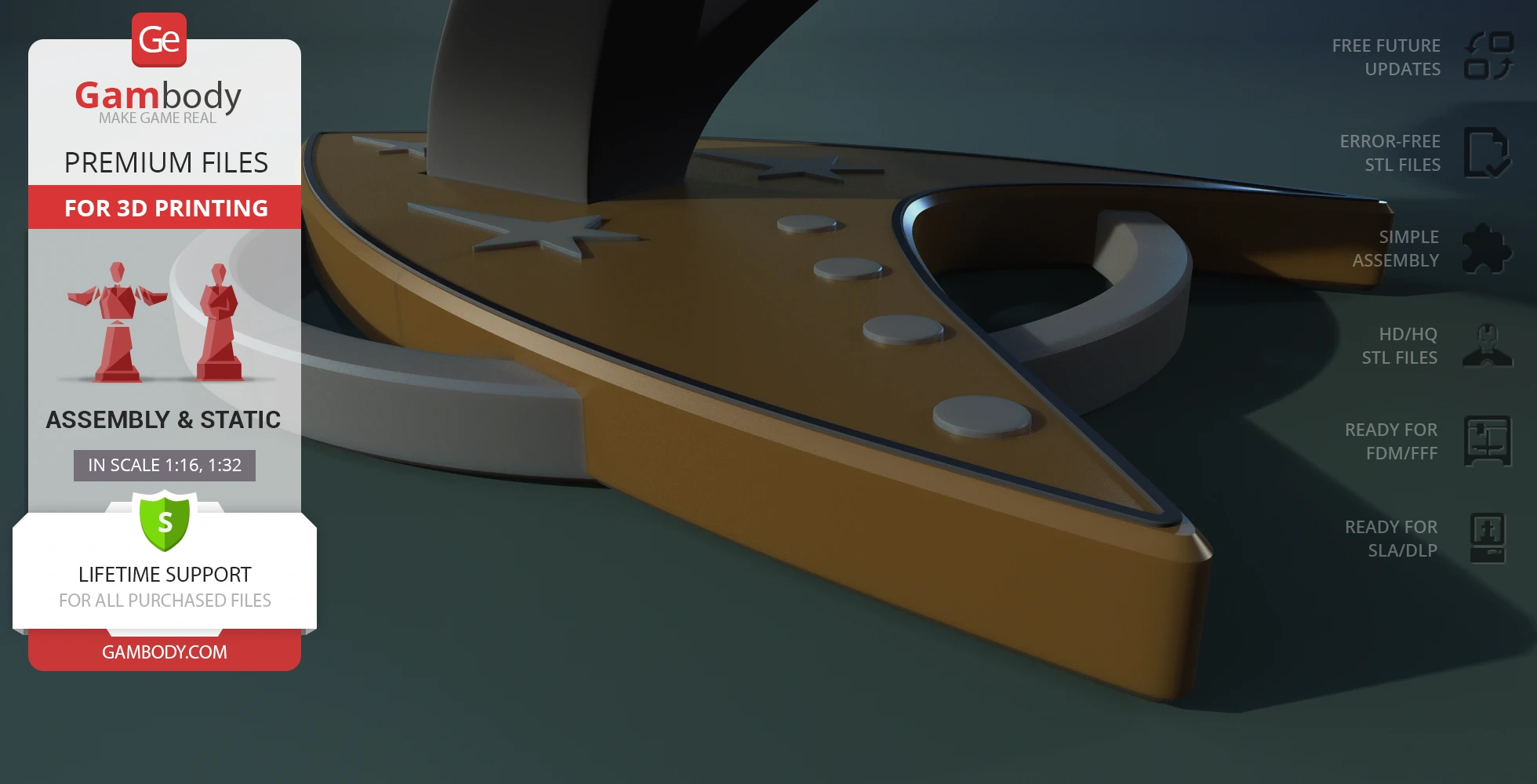 Close-up of a Star Trek insignia with stars, featuring 3D printing details from Gambody.