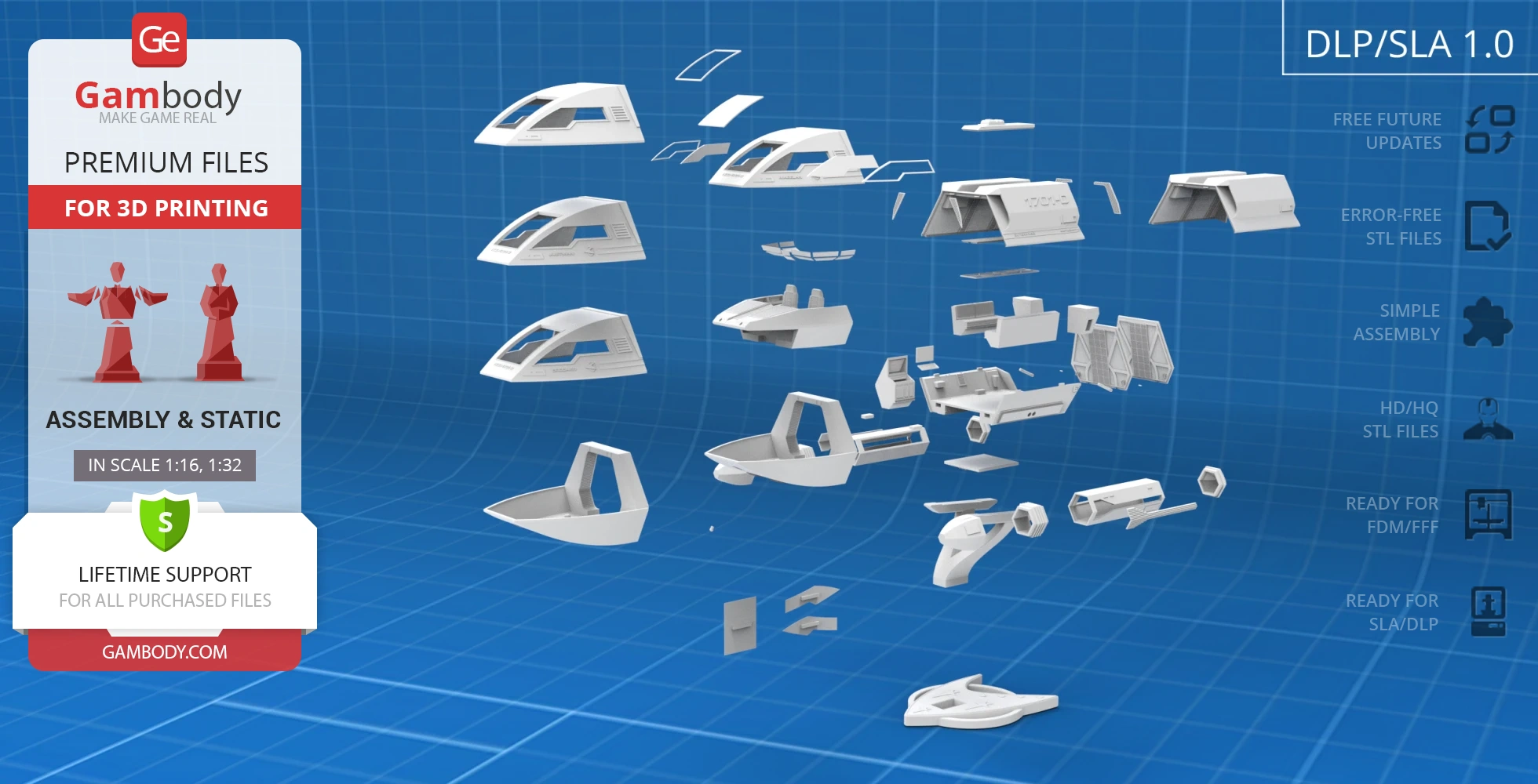 Exploded view of the Type 6 Shuttlecraft 3D model parts on a blue grid background.