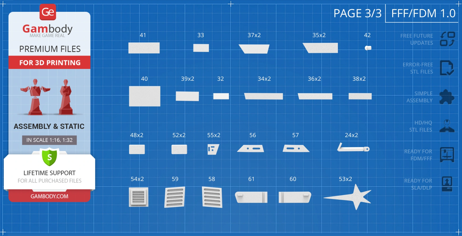Blueprint with labeled parts for 3D printing the Enterprise D Shuttlecraft Type 6 from Star Trek.