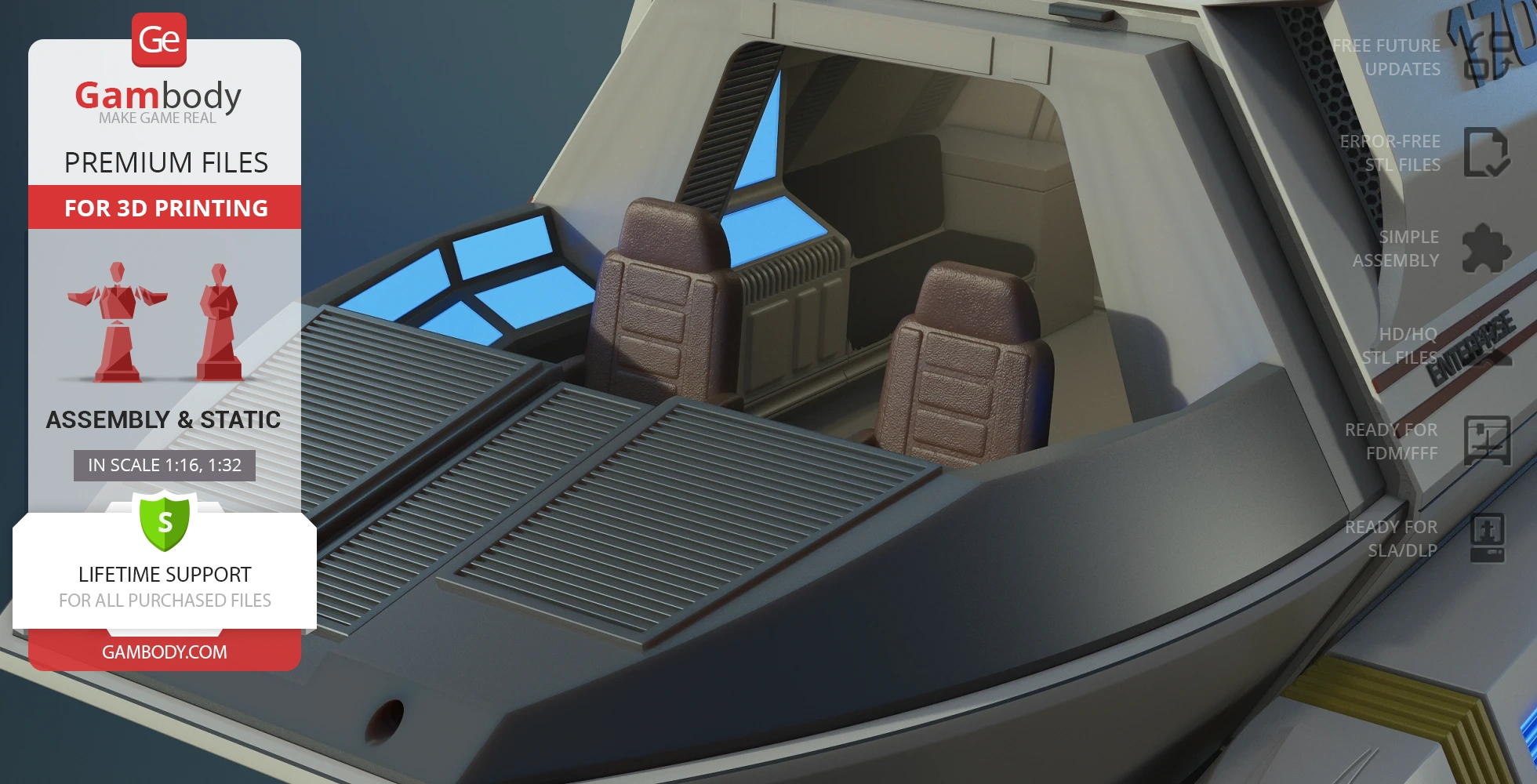 3D model of the Enterprise D Type 6 shuttlecraft interior with two brown seats and blue control panels.