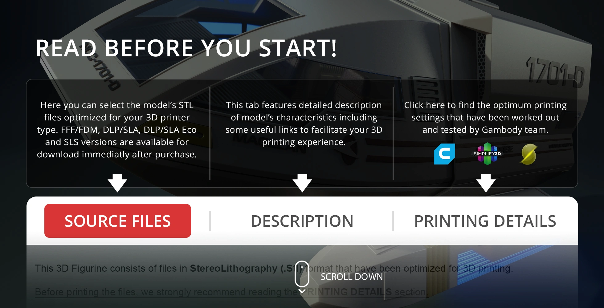 Interface instructions for printing a 3D shuttlecraft model from Star Trek on Gambody.