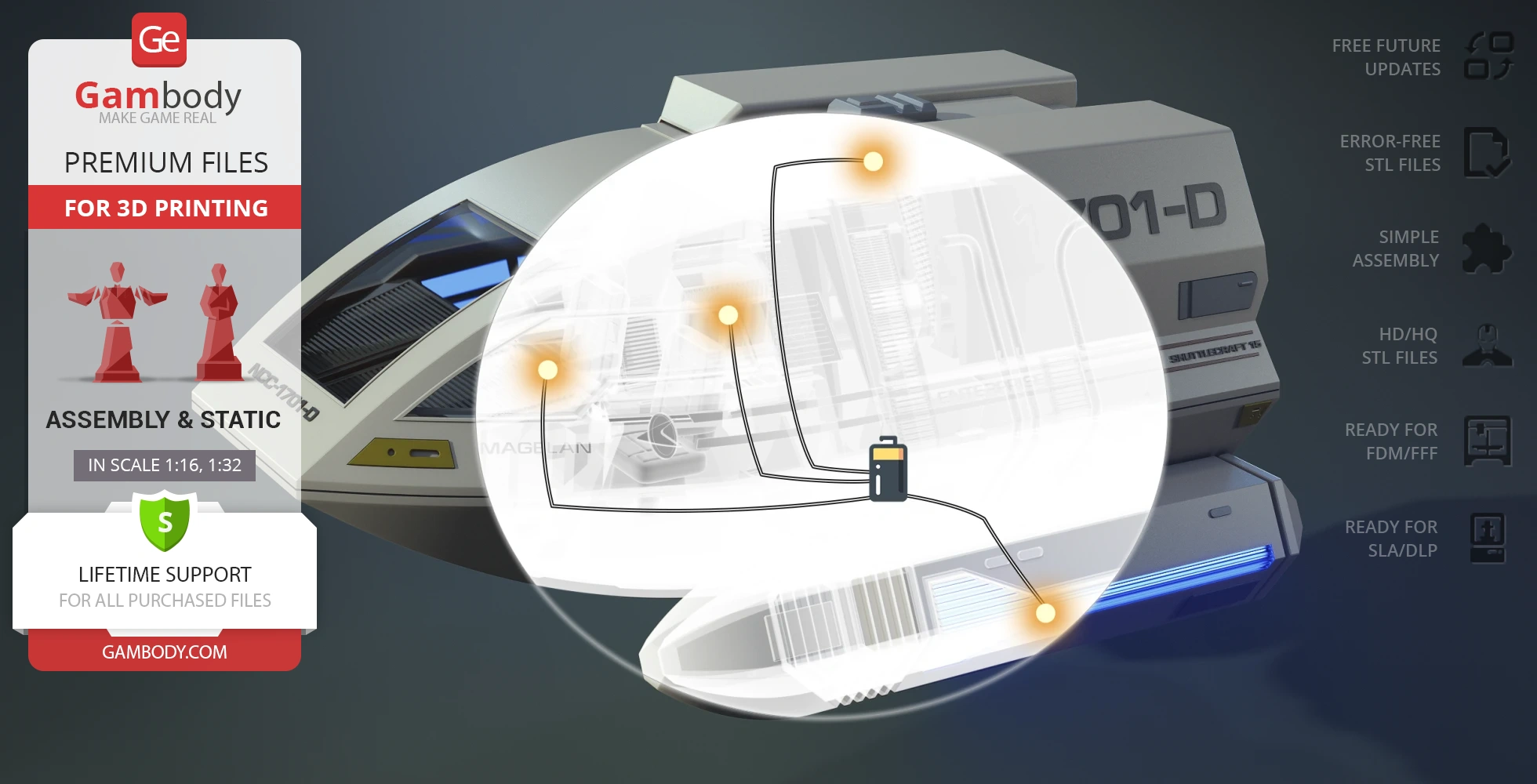 A 3D model of the Enterprise D Shuttlecraft Type 6 with a wiring schematic displayed.