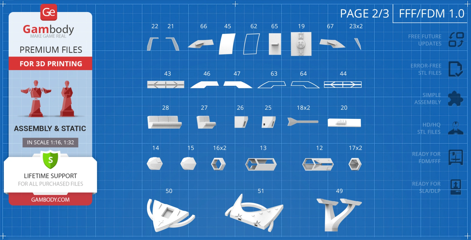 Parts layout for 3D printing the Enterprise D Shuttlecraft Type 6 from Star Trek, shown on a blueprint grid.