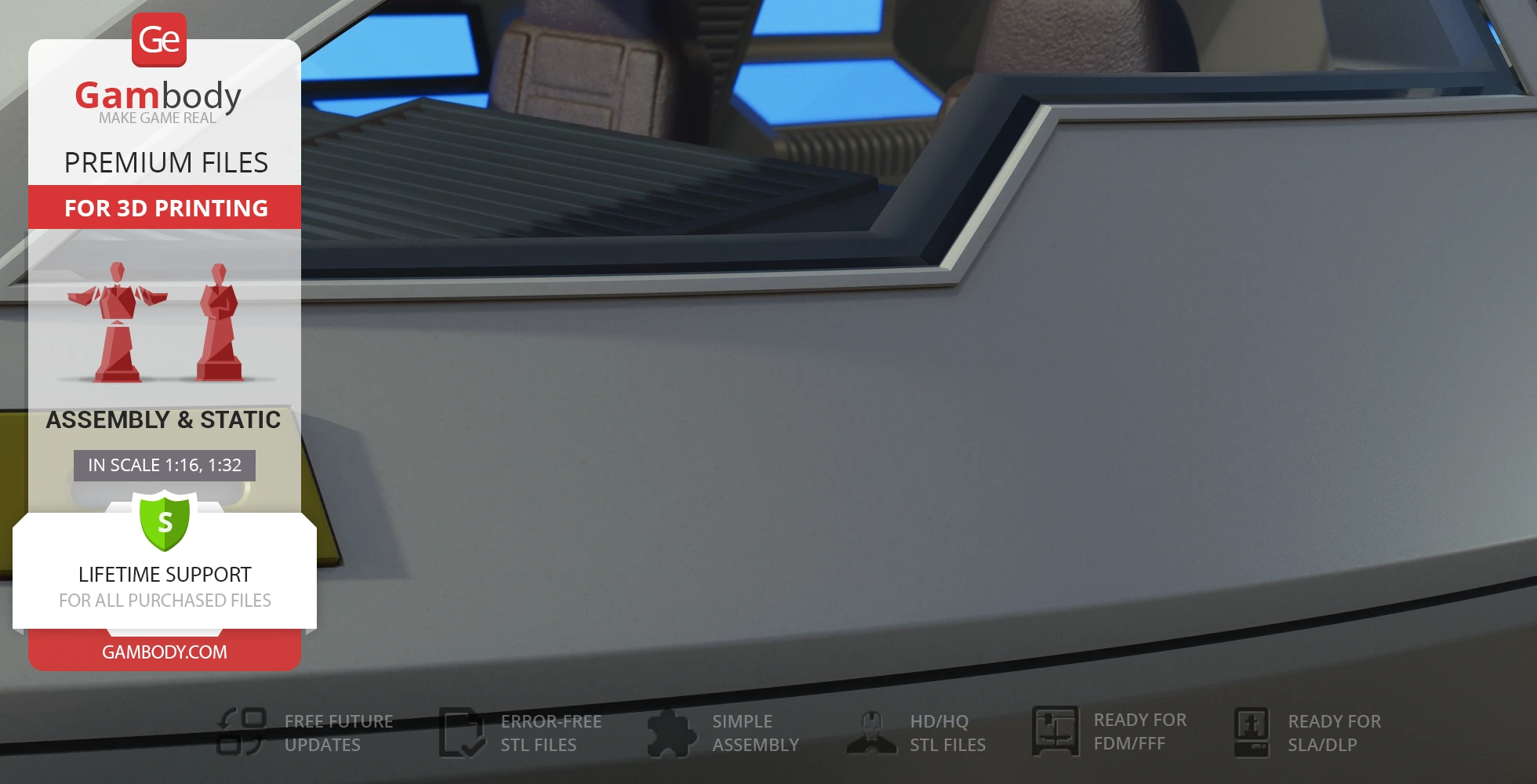 Close-up of Enterprise D Type 6 Shuttlecraft 3D model with Gambody 3D printing details overlay.