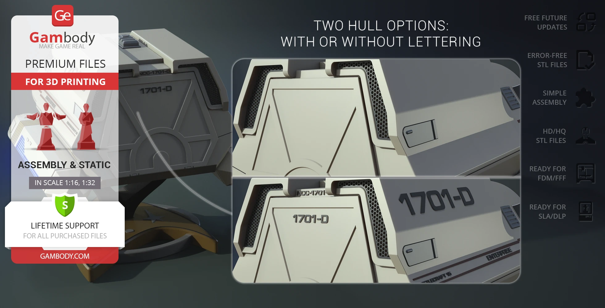 3D model of Enterprise D Type 6 shuttlecraft with lettering options for 3D printing.